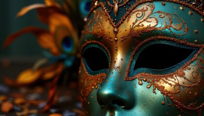 A close-up of a Mardi Gras mask adorned with vibrant peacock feathers and intricate golden details. The background is blurred, highlighting the mask's elaborate design and rich colors, making it visua