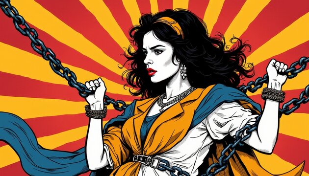 A powerful illustration of a woman breaking free from chains, symbolizing liberation and empowerment. The vibrant background with red and yellow rays enhances the dynamic and bold message of feminism 