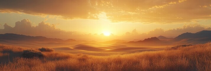 Fototapeta premium A calm desert landscape at sunset, with gentle sand dunes and soft, golden light filling the scene.