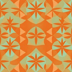 Abstract Geometric Pattern in Orange and Green: A seamless pattern featuring intricate geometric shapes in shades of orange and green. This eye-catching design is perfect for backgrounds, textiles.