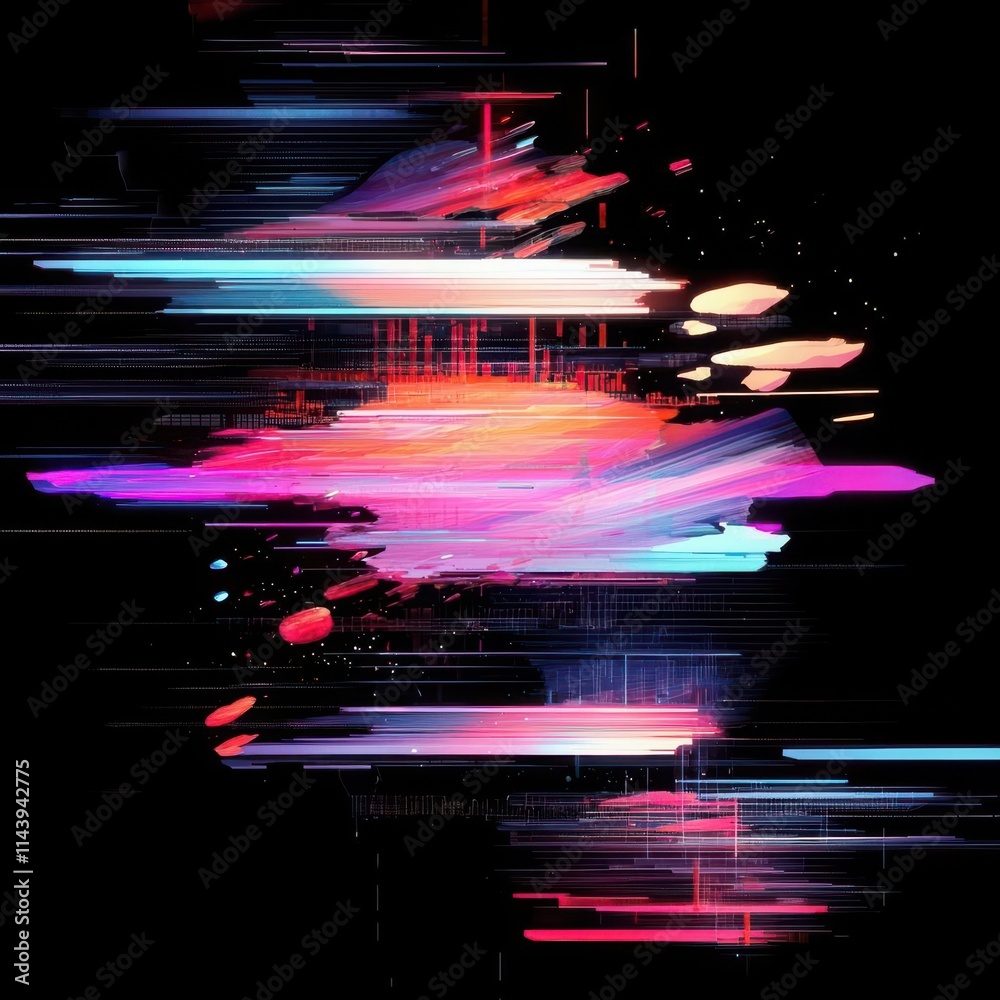 Poster screen damage, glitch texture, fragment data interface, blur error dynamic pixel pattern with neon c