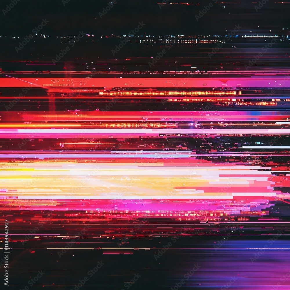 Poster screen damage, glitch texture, fragment data interface, blur error dynamic pixel pattern with neon c