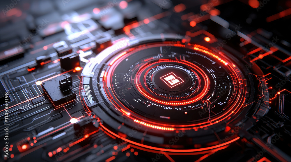 Poster futuristic digital circuit board with glowing red elements, showcasing intricate patterns and technology. design evokes sense of advanced technology and innovation