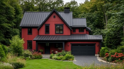 Red farmhouse with black trim and metal roof, nestled in a lush green landscape.