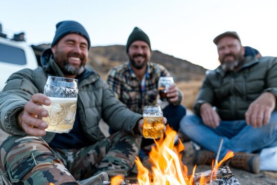 Three friends enjoying drinks around a campfire in a scenic outdoor setting, capturing camaraderie and adventure.