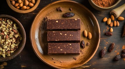 Fototapeta premium Protein bars laid on a ceramic plate with their ingredients spread out--dates, cocoa nibs, and crushed peanuts. The setup feels warm and inviting with earthy tones.