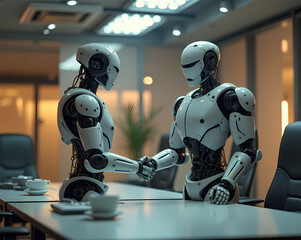 A robot offering a handshake in a futuristic conference room Generative AI