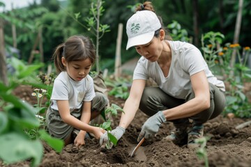 A serene moment of a mother and young daughter gardening together, nurturing plants in a lush green environment.