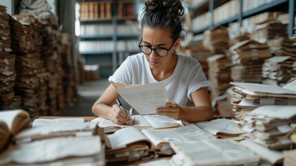 A focused young woman studying intently in a library, surrounded by piles of books and papers, immersed in research and knowledge.