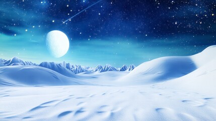 Fototapeta premium A breathtaking winter wonderland under a starry night sky with a full moon. A majestic snowy landscape with snow-covered mountain peaks and a serene atmosphere.
