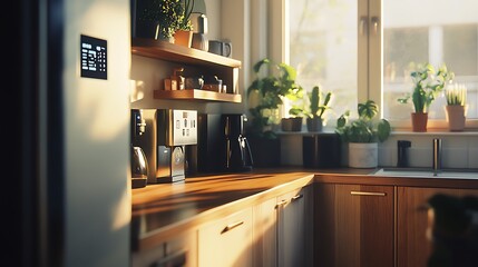 Sunlit modern kitchen with wood counter, plants, and appliances.