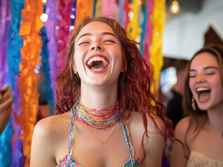 A colorful birthday celebration with streamers, cake, and guests singing while smiling.