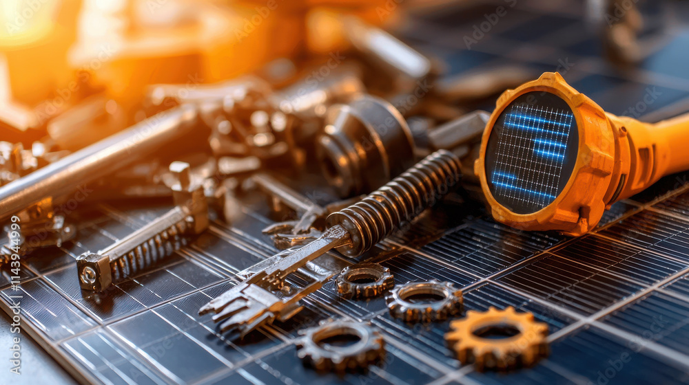 Aufkleber collection of tools and mechanical parts on workbench, showcasing flashlight with solar panel design