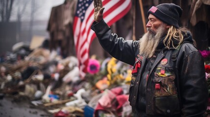 A homeless veteran stands at attention and salutes near a makeshift memorial on a concrete city sidewalk honoring their military service and sacrifices