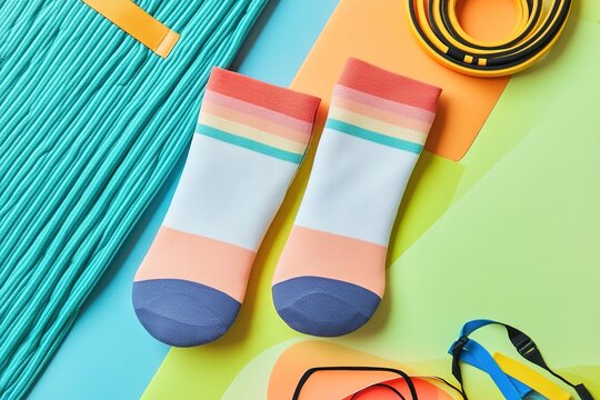 pair of blank sports socks displayed on flat lay with props like yoga mat and resistance bands