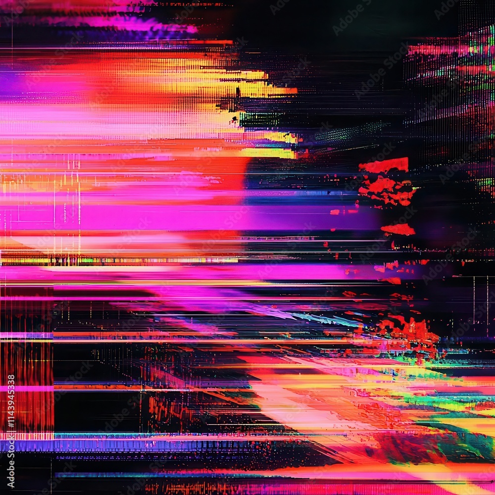 Poster screen damage, glitch texture, fragment data interface, error dynamic pixel pattern, vibrant abstrac