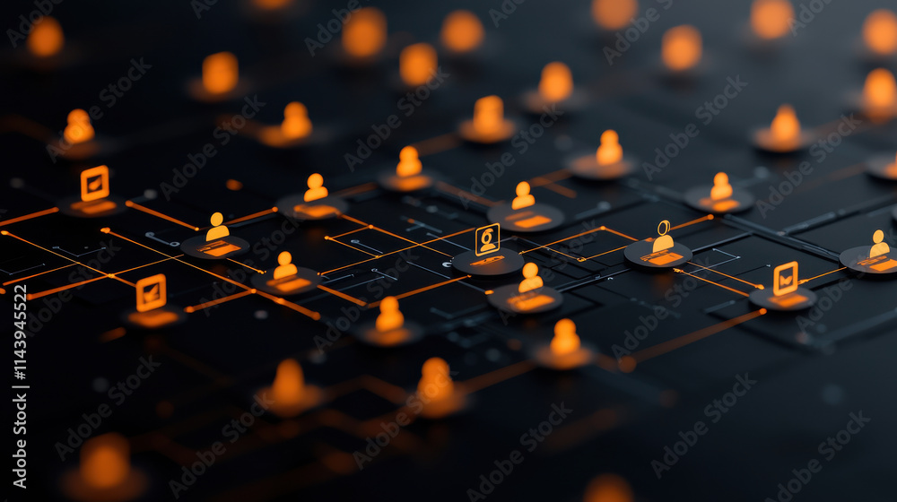 Aufkleber Digital network with interconnected user icons and data points, showcasing technology and social interaction. vibrant orange elements highlight connectivity and engagement