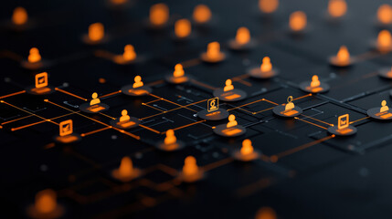 Digital network with interconnected user icons and data points, showcasing technology and social interaction. vibrant orange elements highlight connectivity and engagement