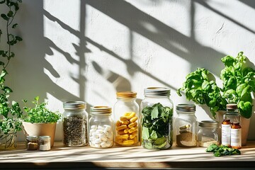 peaceful kitchen with jars of herbal supplements and fresh greens under soft morning sunlight