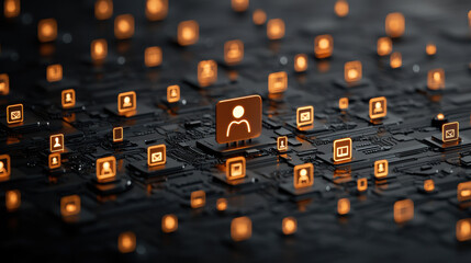 Digital icons representing social connections on circuit board, symbolizing community engagement and technology. glowing icons highlight importance of digital platforms