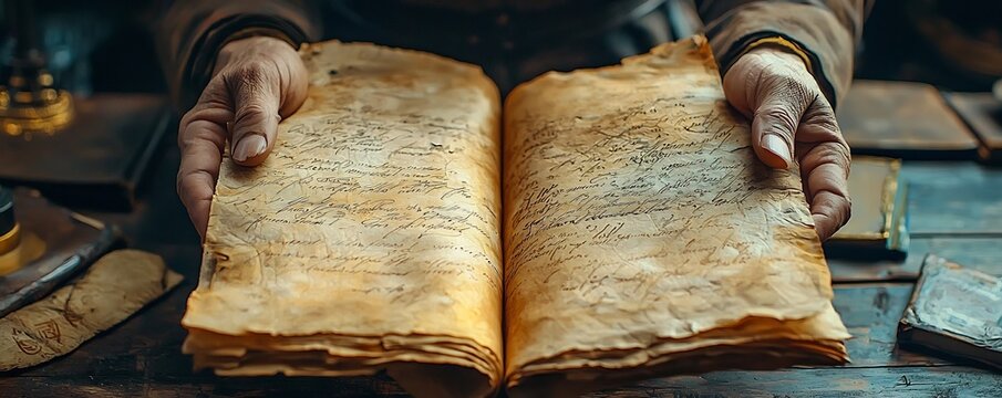 Hands Holding Ancient Scrolls with Historic Script and Warm Ambient Lighting Concept of Knowledge and Wisdom