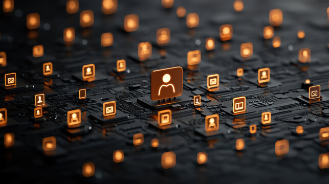 Digital icons representing social connections on circuit board, symbolizing community engagement and technology. glowing icons highlight importance of digital platforms
