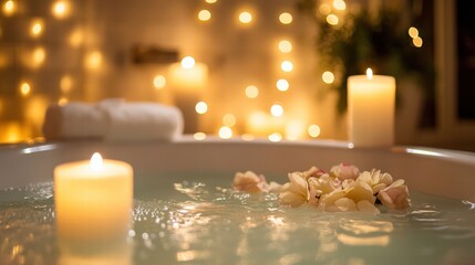 A couple enjoying a candle-lit bath together, the soft glow of the candles creating a peaceful and romantic mood.