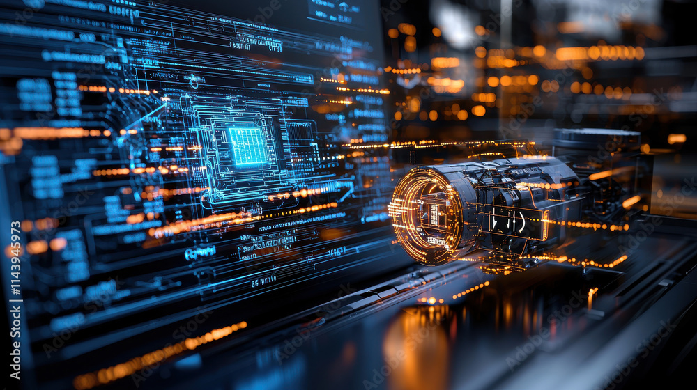 Fototapete futuristic dashboard displaying real time data with glowing elements, showcasing advanced technology