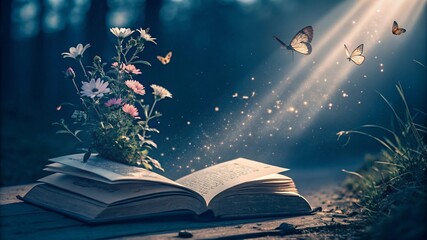 Naklejka premium Magical Flowers Blooming from Book Pages Under Starry Sky V7