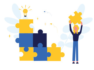 Business concept. Team metaphor. People connect puzzle elements. Flat illustration in flat design style. Teamwork, collaboration, partnership. Businessmen working together and moving towards success.