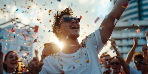 Obraz premium A group of friends celebrating together on a rooftop at sunset, throwing confetti in the air and enjoying a joyous moment.