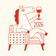 Vector illustration with red outline horse with wine or any alcohol glass, sofa and 2026 number. New Year celebration 2026 print design with farm animal, greeting card template