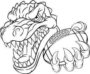 A crocodile, dinosaur or alligator lizard sports mascot holding an American football ball