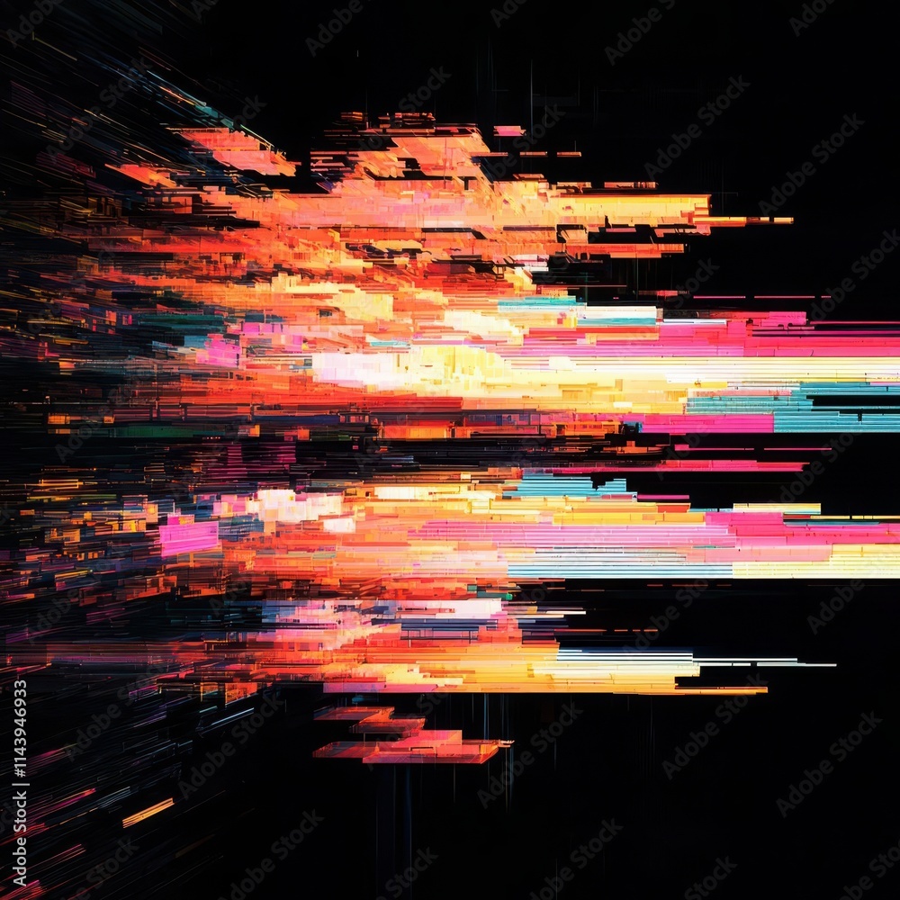 Poster screen damage, glitch texture, fragment data interface, dynamic pixel pattern art with neon colors, 