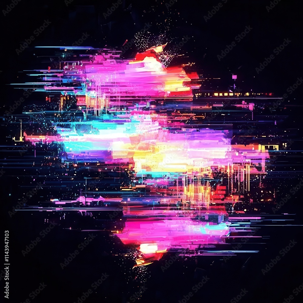 Poster screen damage, glitch texture, fragment data interface, blur error dynamic pixel pattern, modern dig