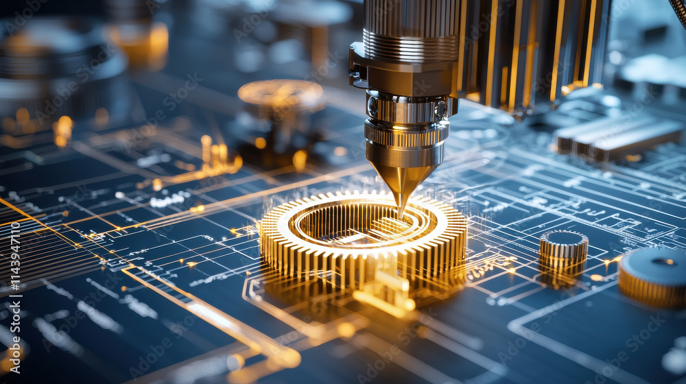 Poster detailed view of 3d printer creating intricate designs blueprint, showcasing advanced technology and