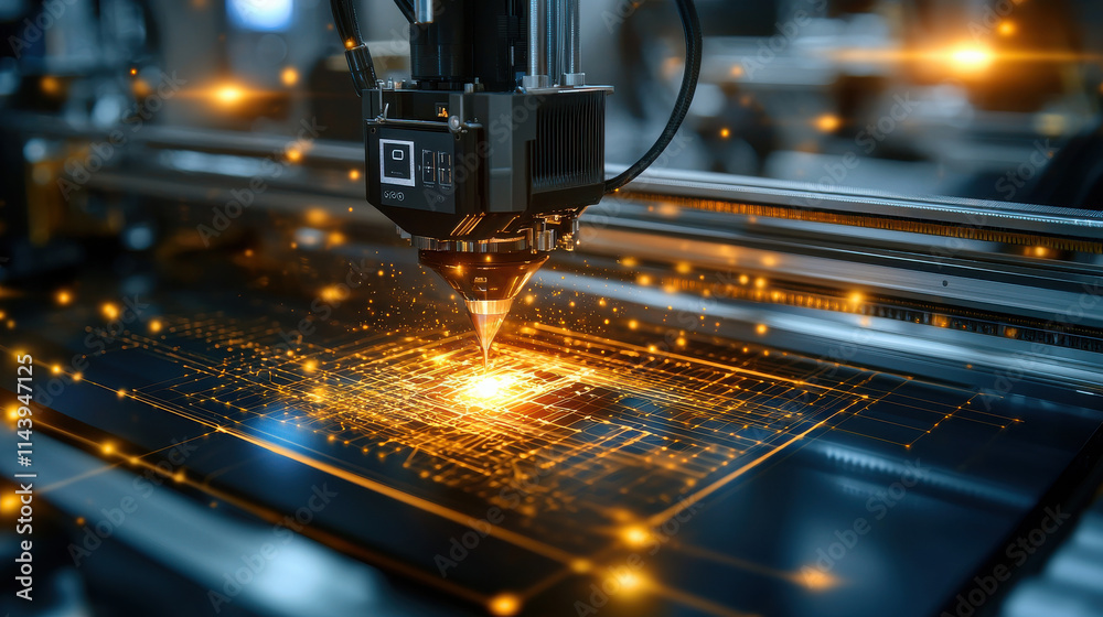 Aufkleber creative digital workspace featuring 3D printer, showcasing advanced technology and intricate designs. scene is illuminated with vibrant lights, enhancing innovative atmosphere
