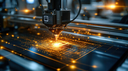 creative digital workspace featuring 3D printer, showcasing advanced technology and intricate designs. scene is illuminated with vibrant lights, enhancing innovative atmosphere