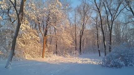 Frozen forest with snow-laden trees.