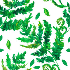 Acrylic seamless pattern with green forest plants on white isolated background. Woodland, textural repeating pattern. Design for textiles, wrapping paper and wallpaper.