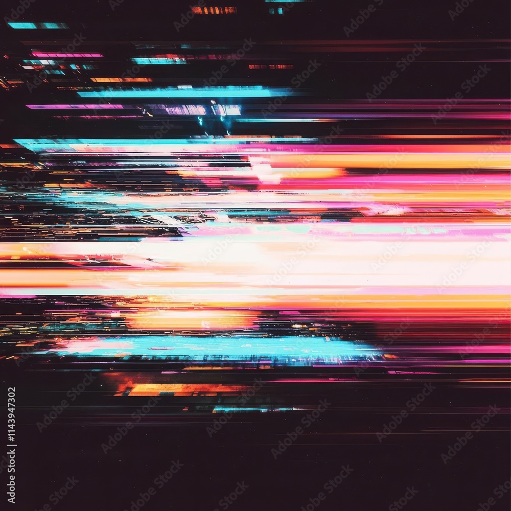 Poster screen damage, glitch texture, interface blur error dynamic pixel pattern, vibrant abstract light st