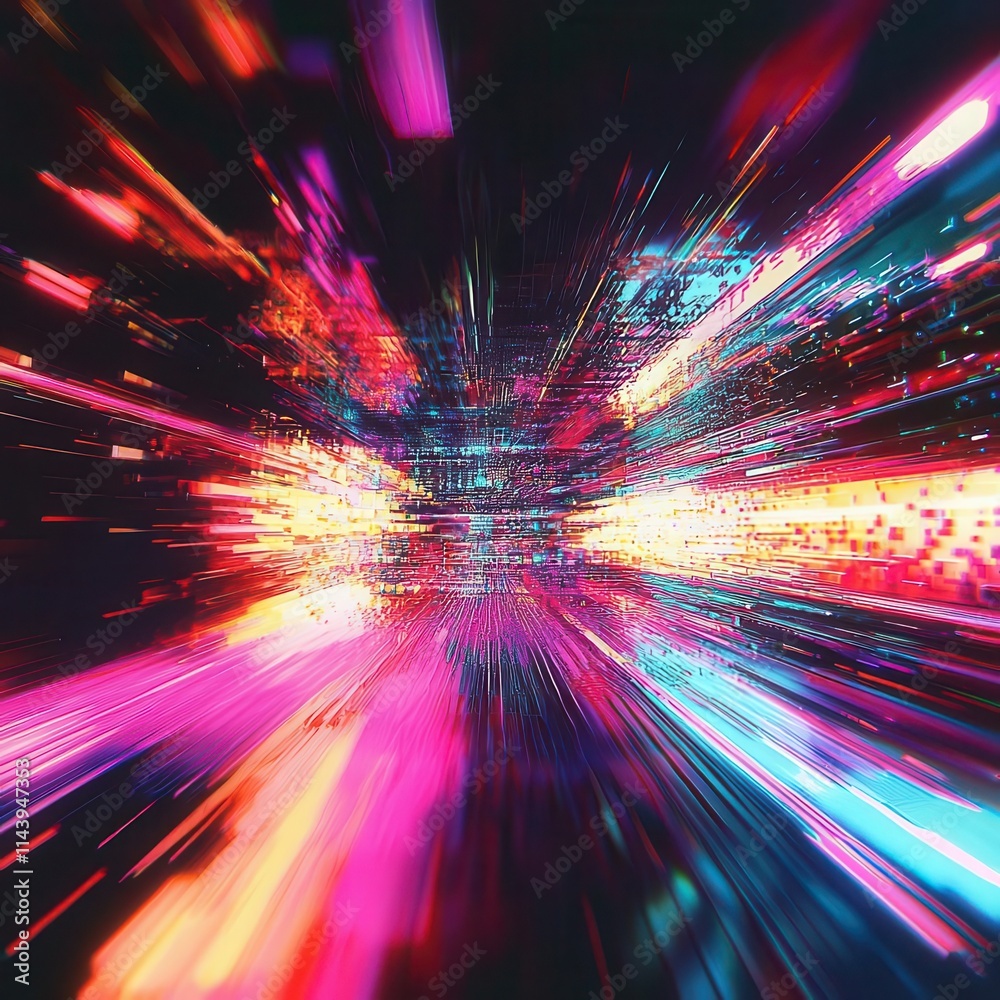 Poster screen damage, glitch texture, fragment data interface, blur error dynamic pixel pattern with neon c
