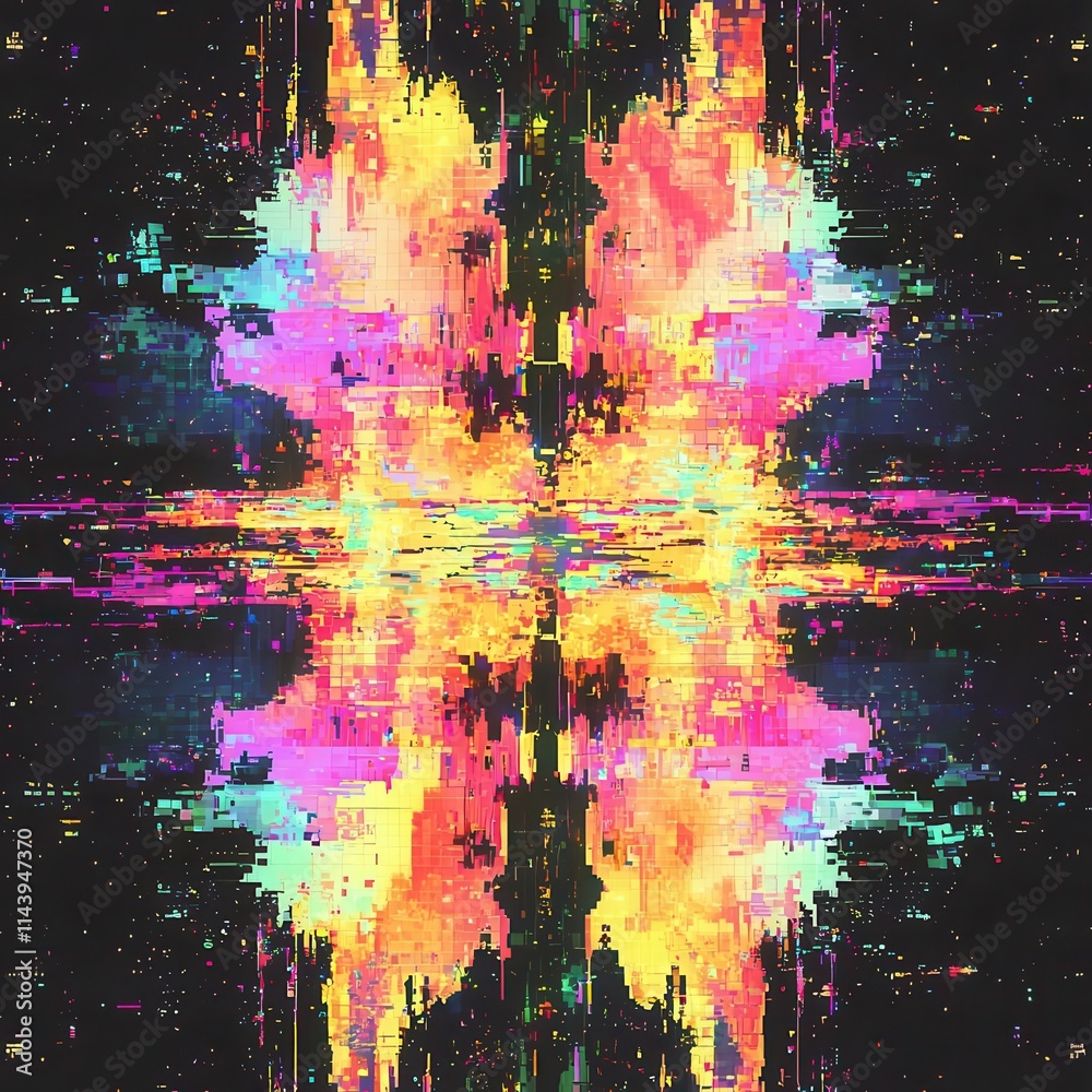 Poster screen damage, glitch texture, fragment data interface, blur error dynamic pixel pattern, modern dig