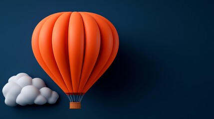 Obraz premium Orange Hot Air Balloon Adventure: A vibrant orange hot air balloon floats serenely against a deep blue backdrop, accompanied by a fluffy white cloud, evoking a sense of adventure and freedom.