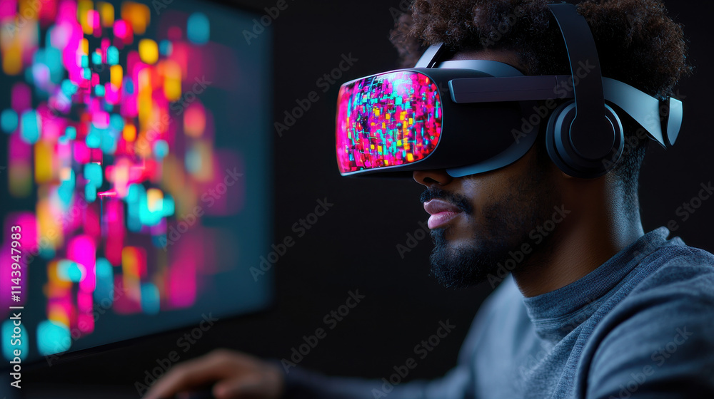 Poster digital artist using virtual reality tools, immersed in colorful graphics, showcasing creativity and technology. vibrant display enhances artistic experience
