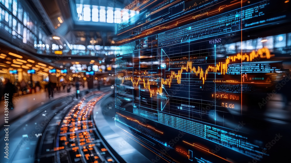 Aufkleber digital interface displaying market trends and stock prices in bustling environment. vibrant data vi