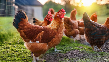 Fototapeta premium cute chickens and roosters on the farm