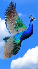 A vibrant peacock in flight against a clear blue sky