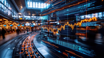 digital interface displaying market trends and stock prices in bustling environment. vibrant data visualization captures dynamic nature of financial markets
