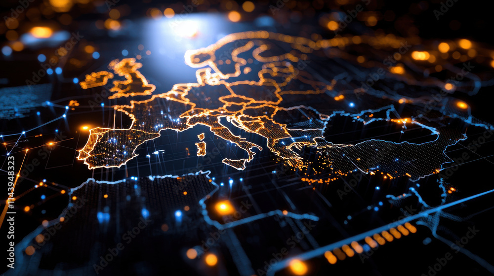 Aufkleber digital map of Europe showcasing social inequality through illuminated data points and connections, highlighting disparities across regions